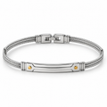 Men's stainless steel twisted cable ID bangle bracelet with gold screw rivet accents
