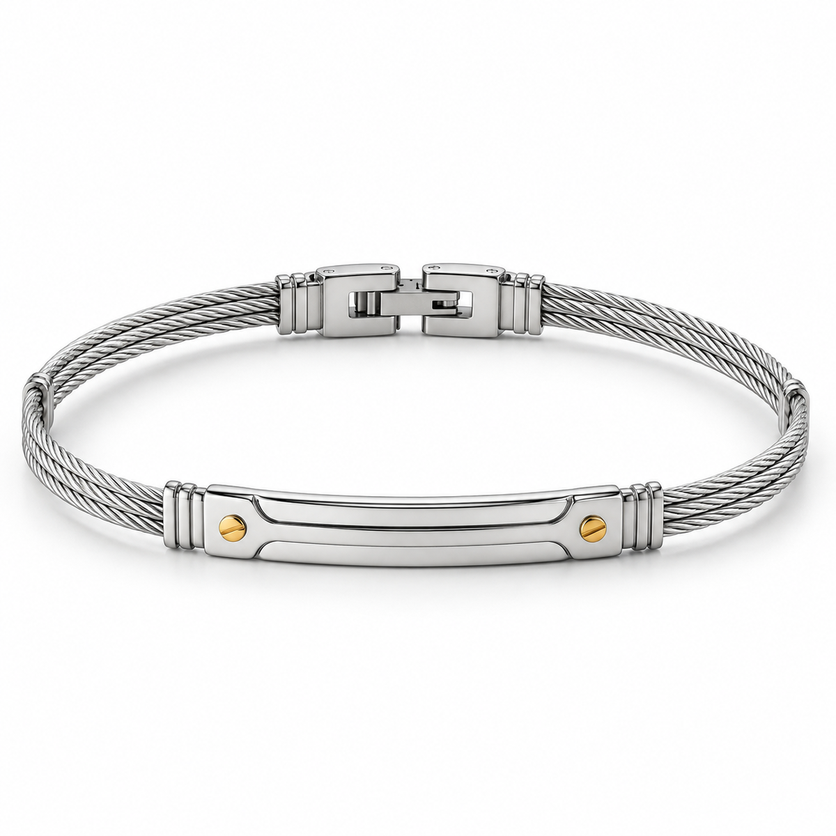 Men's stainless steel twisted cable ID bangle bracelet with gold screw rivet accents
