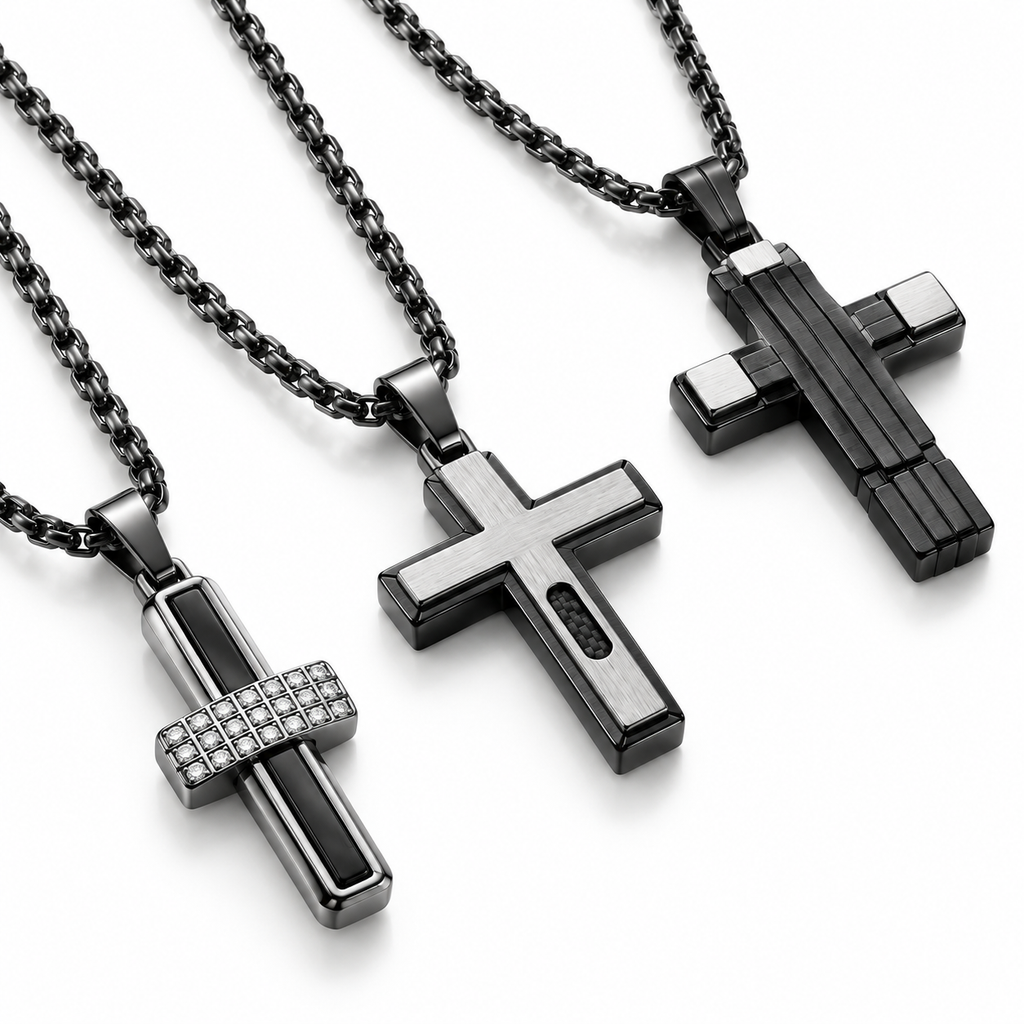 Three modern stainless steel cross pendant necklaces on dark box chains
