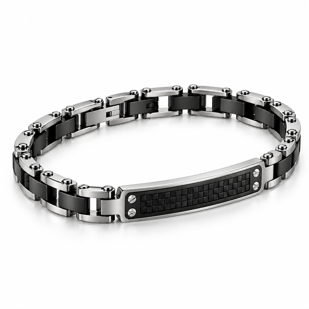 Angled studio view of men's two-tone motorcycle chain carbon grid bracelet with fold-over clasp
