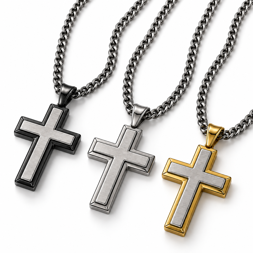 Three stainless steel double-layer cross pendant necklaces side by side
