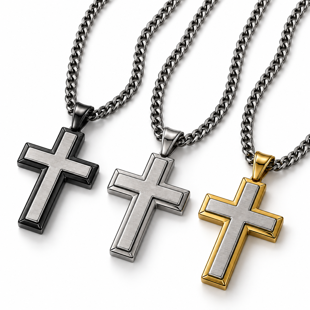 Three stainless steel double-layer cross pendant necklaces side by side
