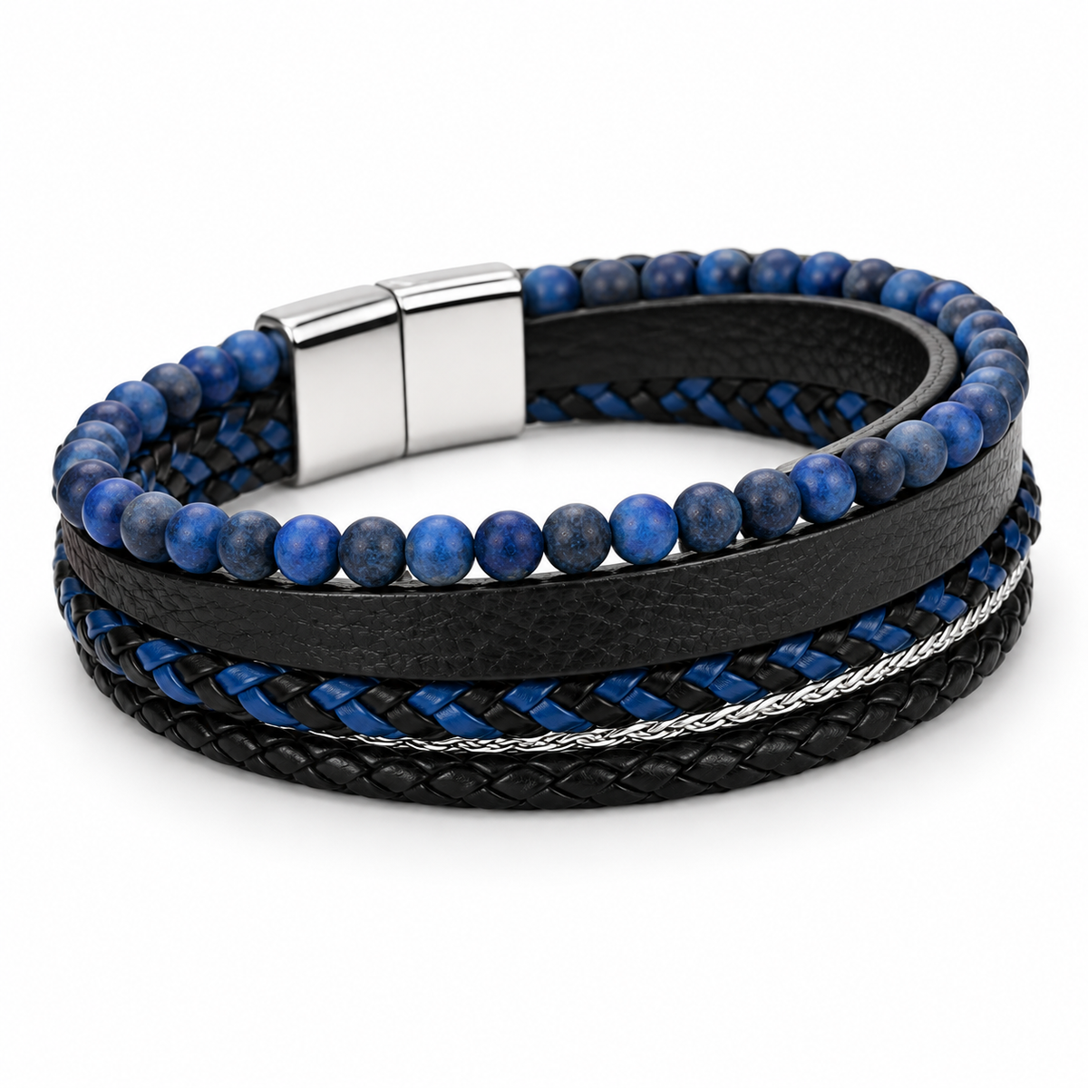 Angled view of Men's blue beaded leather bracelet showing magnetic clasp on white background
