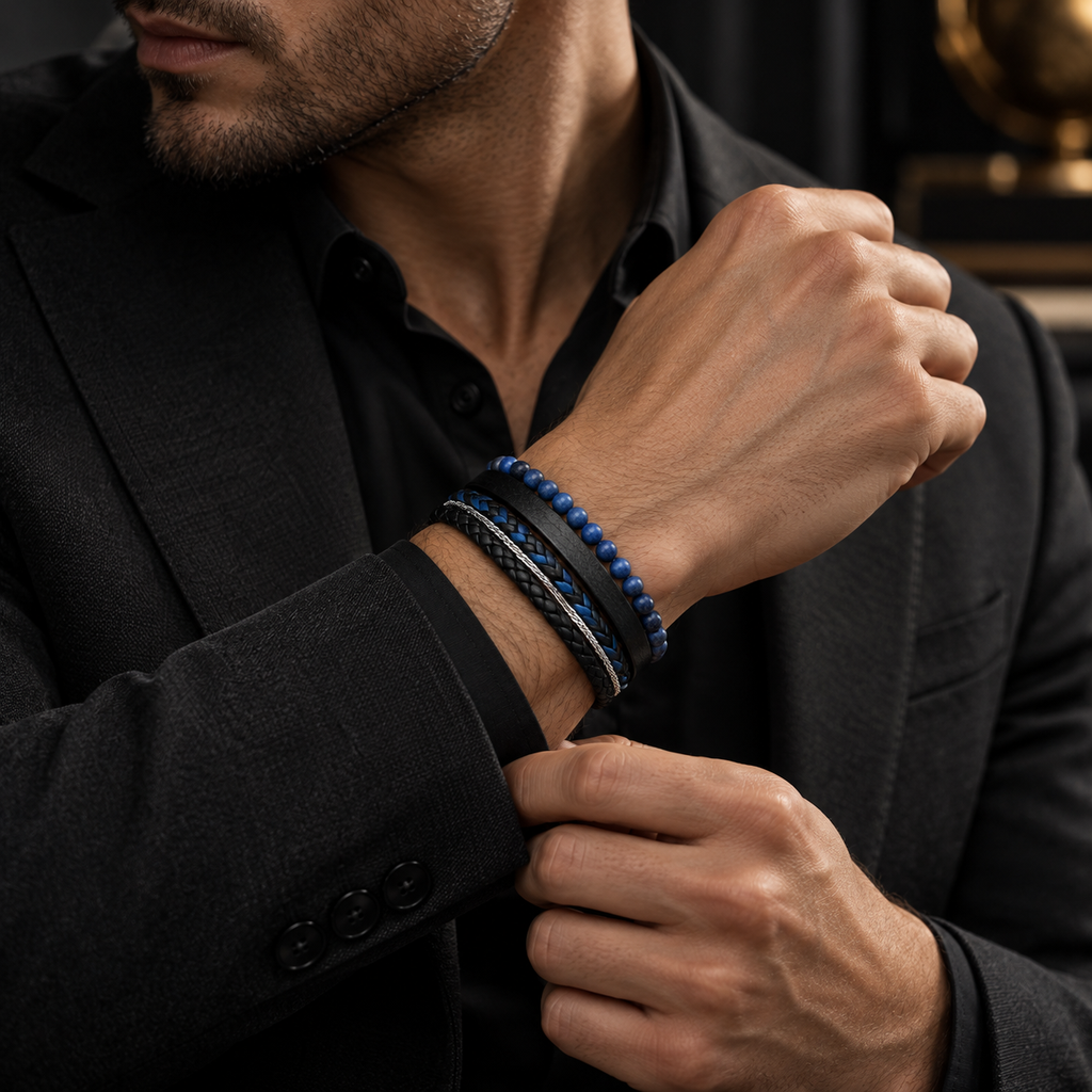 Gentleman in black suit adjusting shirt cuff wearing stacked blue tiger eye bracelet
