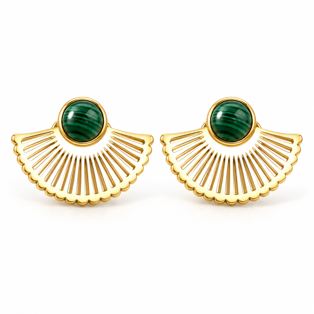 Pair of women's Art Deco gold fan stud earrings with round green malachite stone centerpieces on white background
