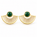 Pair of women's Art Deco gold fan stud earrings with round green malachite stone centerpieces on white background
