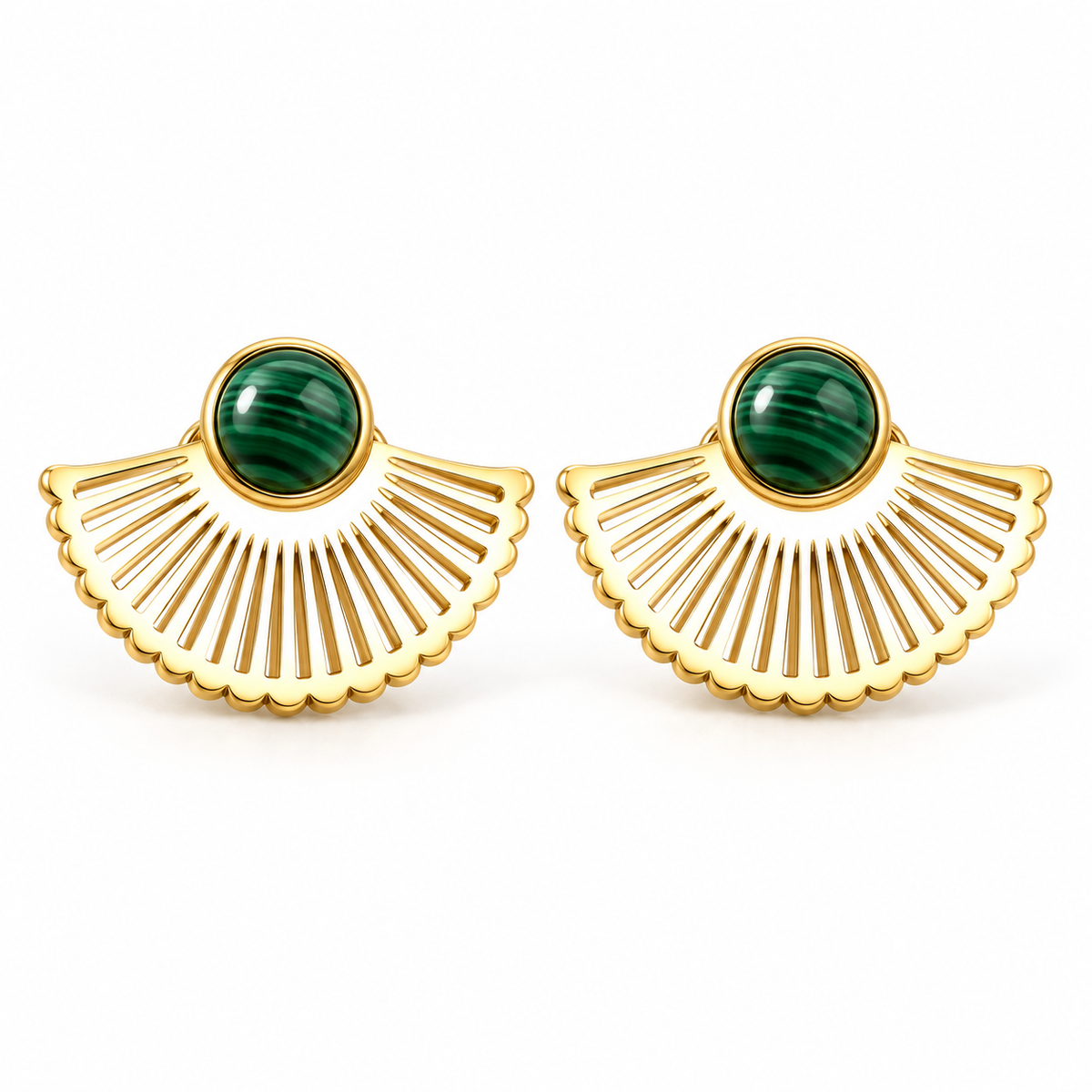 Pair of women's Art Deco gold fan stud earrings with round green malachite stone centerpieces on white background
