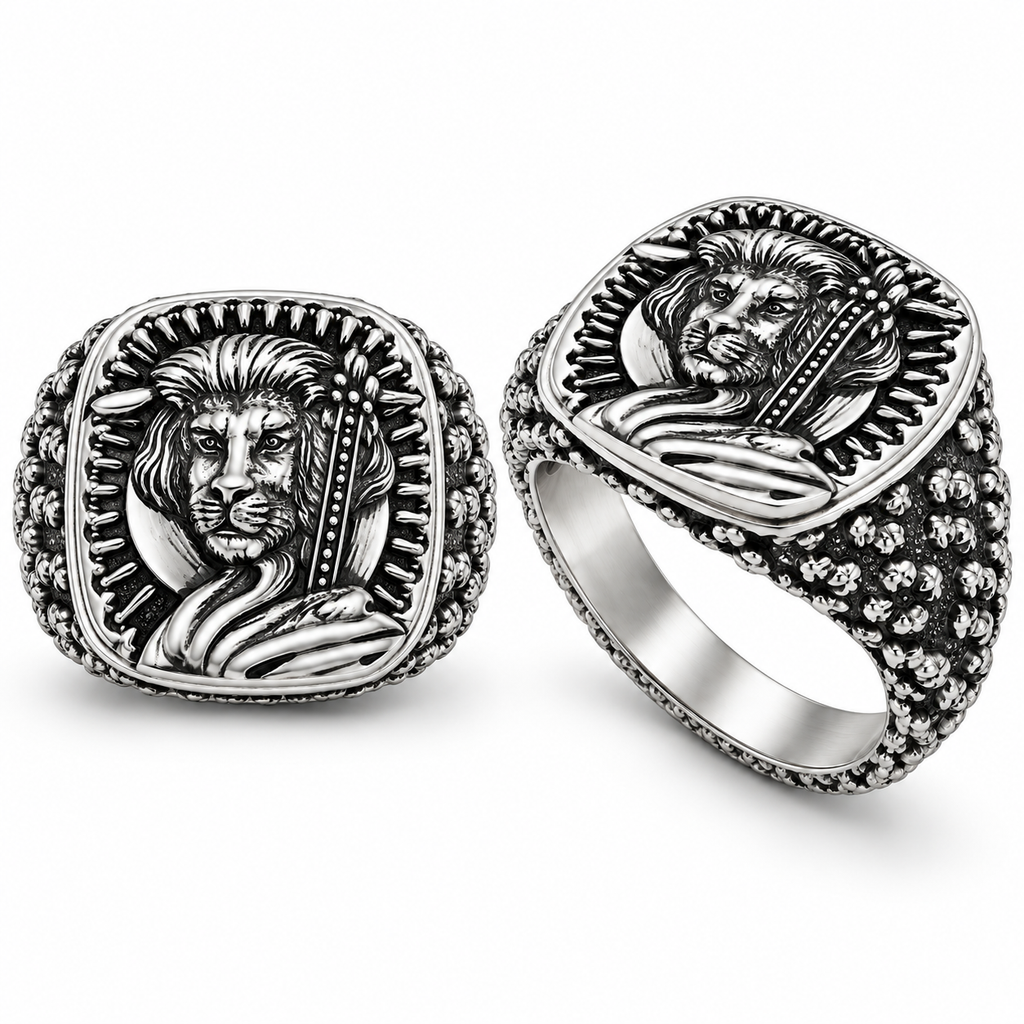 Dual view of Men's royal lion signet ring showing top face and side profile
