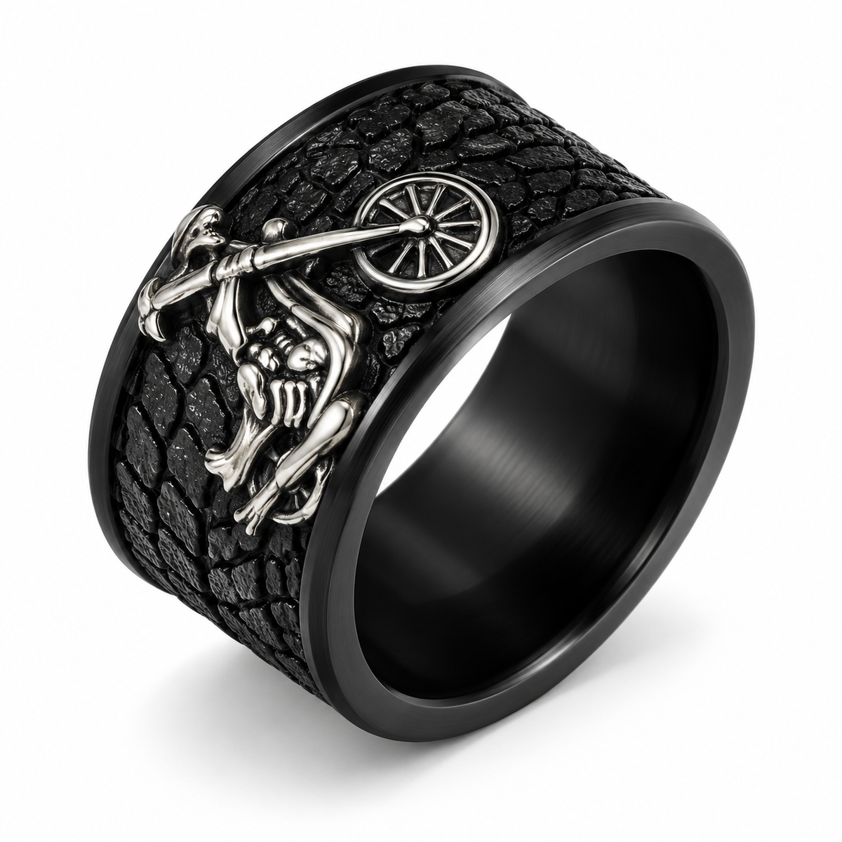 Side profile of wide black textured band showing paved road detail
