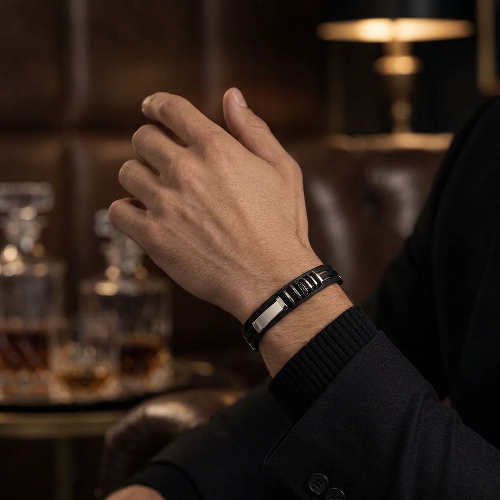 Male model in black blazer resting hand on knee wearing stainless steel leather cuff bracelet
