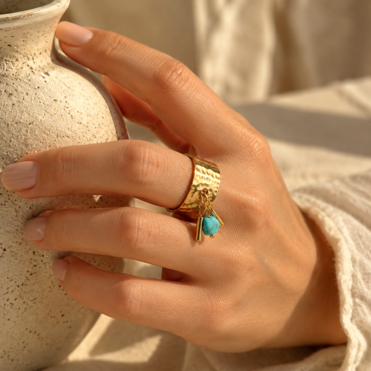 Hammered Gold Wide Band Ring with Dangle Turquoise Charm – 18K Gold Plated Stainless Steel Open Adjustable Ring for Women