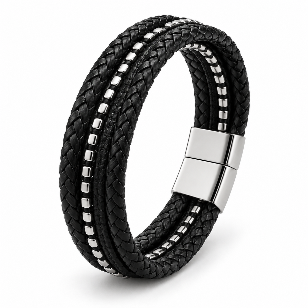 Men's Triple-Strand Studded Leather Bracelet in black with stainless steel beads on white background
