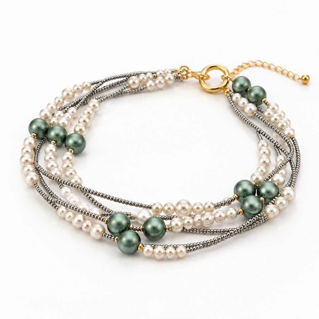 Women's multi-strand layered bracelet featuring lustrous cream white pearls, deep green accent beads, gunmetal seed chains, and a gold-tone ring clasp.
