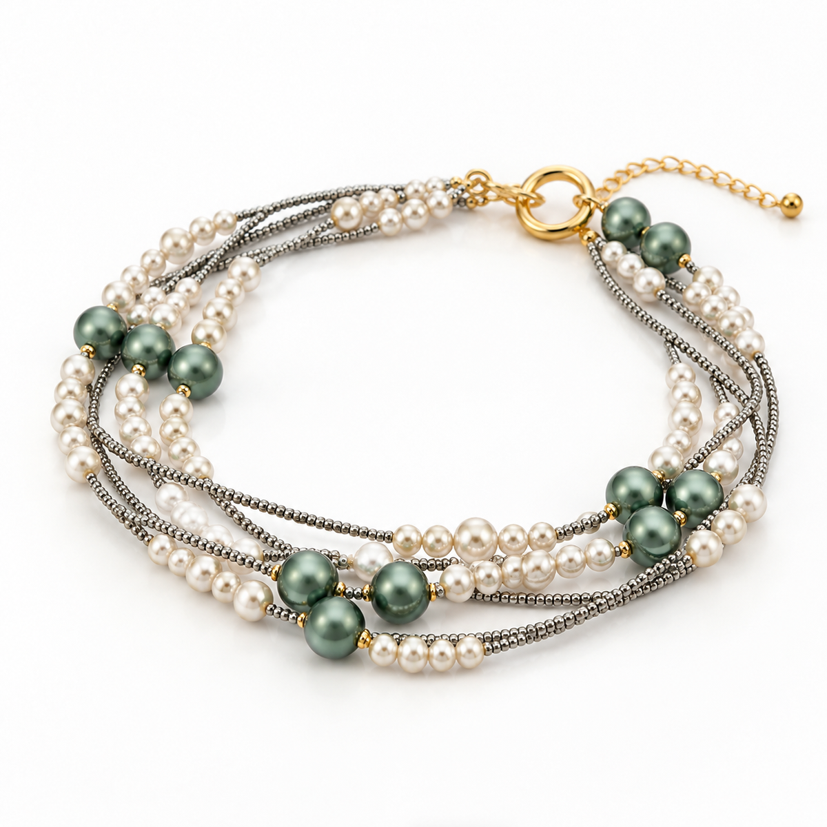 Women's multi-strand layered bracelet featuring lustrous cream white pearls, deep green accent beads, gunmetal seed chains, and a gold-tone ring clasp.
