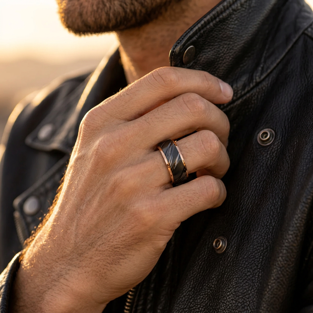 Male model in leather jacket adjusting collar wearing black and rose gold band ring
