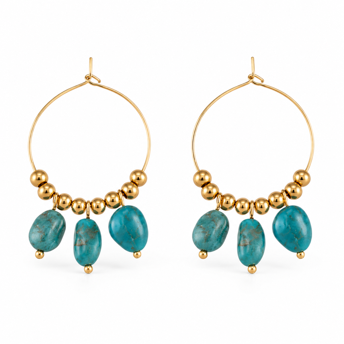 Pair of women's boho gold hoop earrings with round gold beads and three dangling turquoise stone charms on white background
