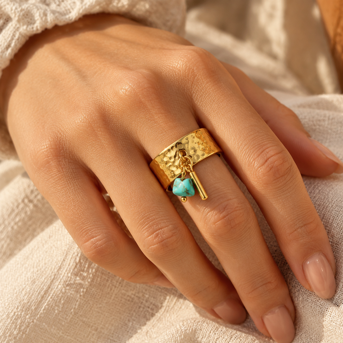 Hammered Gold Wide Band Ring with Dangle Turquoise Charm – 18K Gold Plated Stainless Steel Open Adjustable Ring for Women