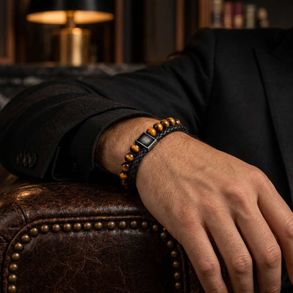 Male hand on vintage studded leather sofa wearing Men's tiger eye leather cuff bracelet
