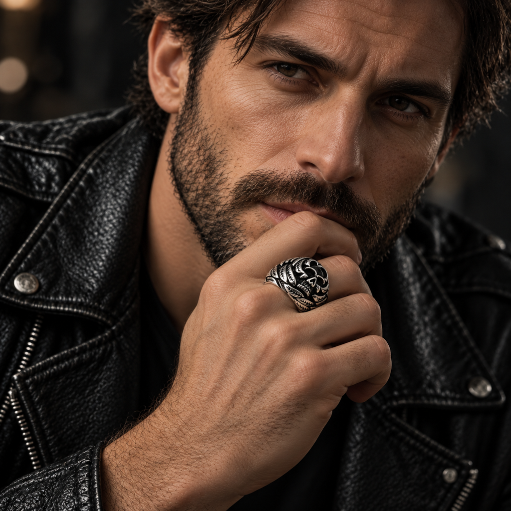 Model wearing heavy laurel wreath skull statement ring on hand
