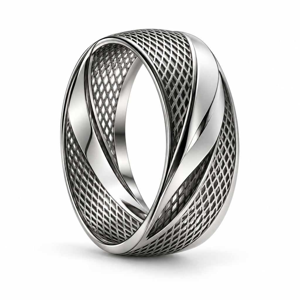 Men's Futuristic Cyber Mesh Wave Ring in stainless steel standing upright on white background
