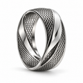 Men's Futuristic Cyber Mesh Wave Ring in stainless steel standing upright on white background
