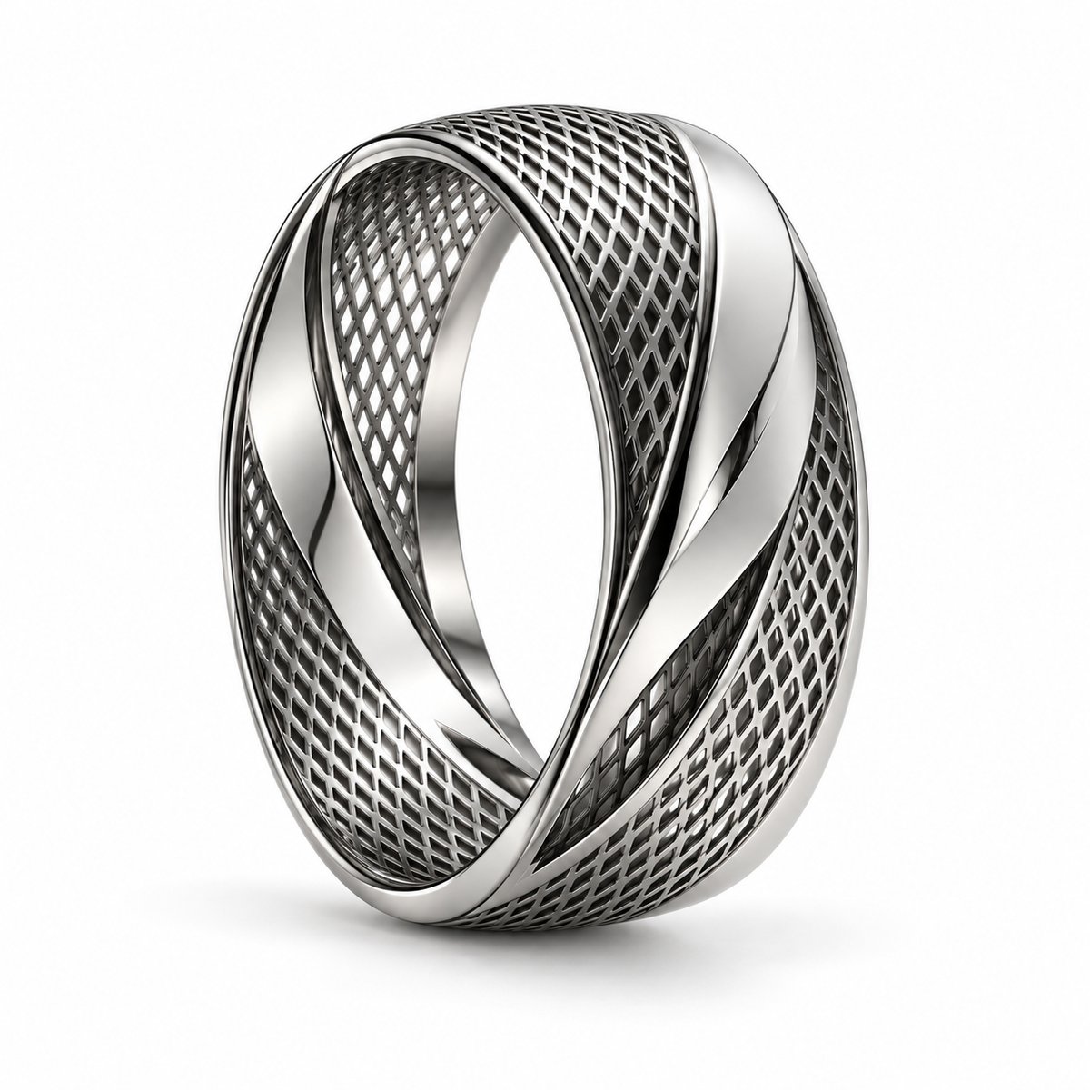 Men's Futuristic Cyber Mesh Wave Ring in stainless steel standing upright on white background
