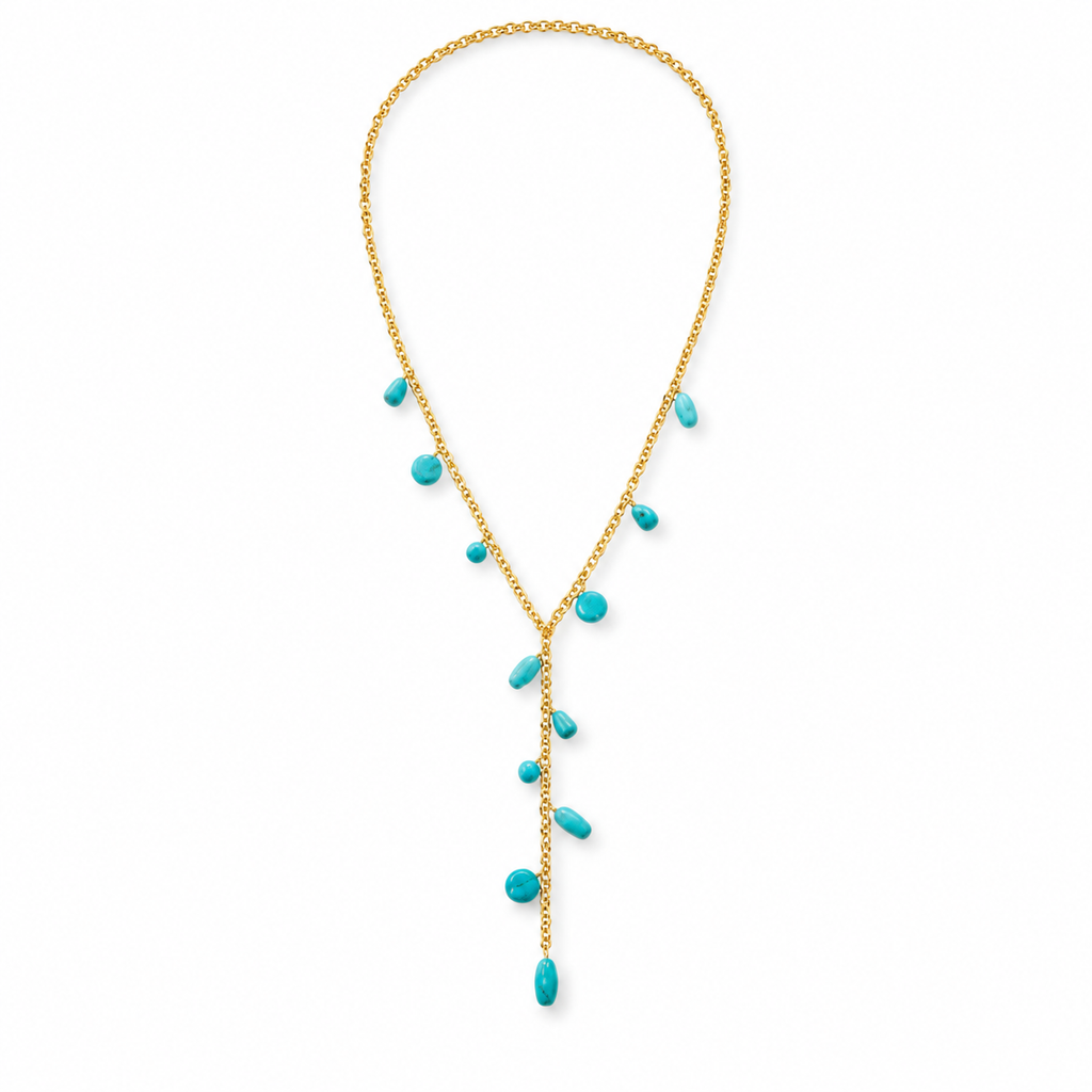 Women's bohemian gold Y-lariat drop necklace featuring cascading vibrant turquoise gemstone nuggets on a delicate chain.
