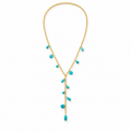 Women's bohemian gold Y-lariat drop necklace featuring cascading vibrant turquoise gemstone nuggets on a delicate chain.
