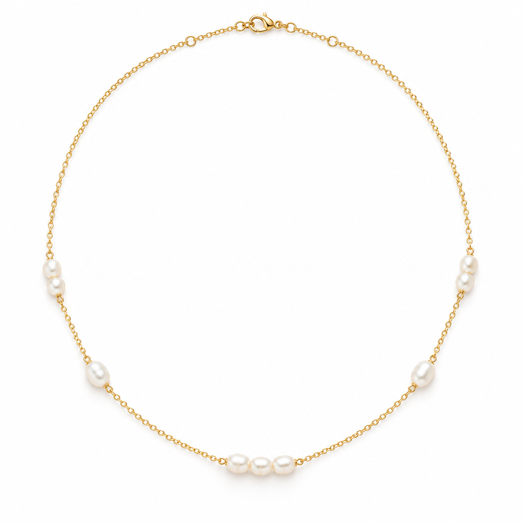 Women's 18K gold plated stainless steel freshwater pearl station choker necklace on white background
