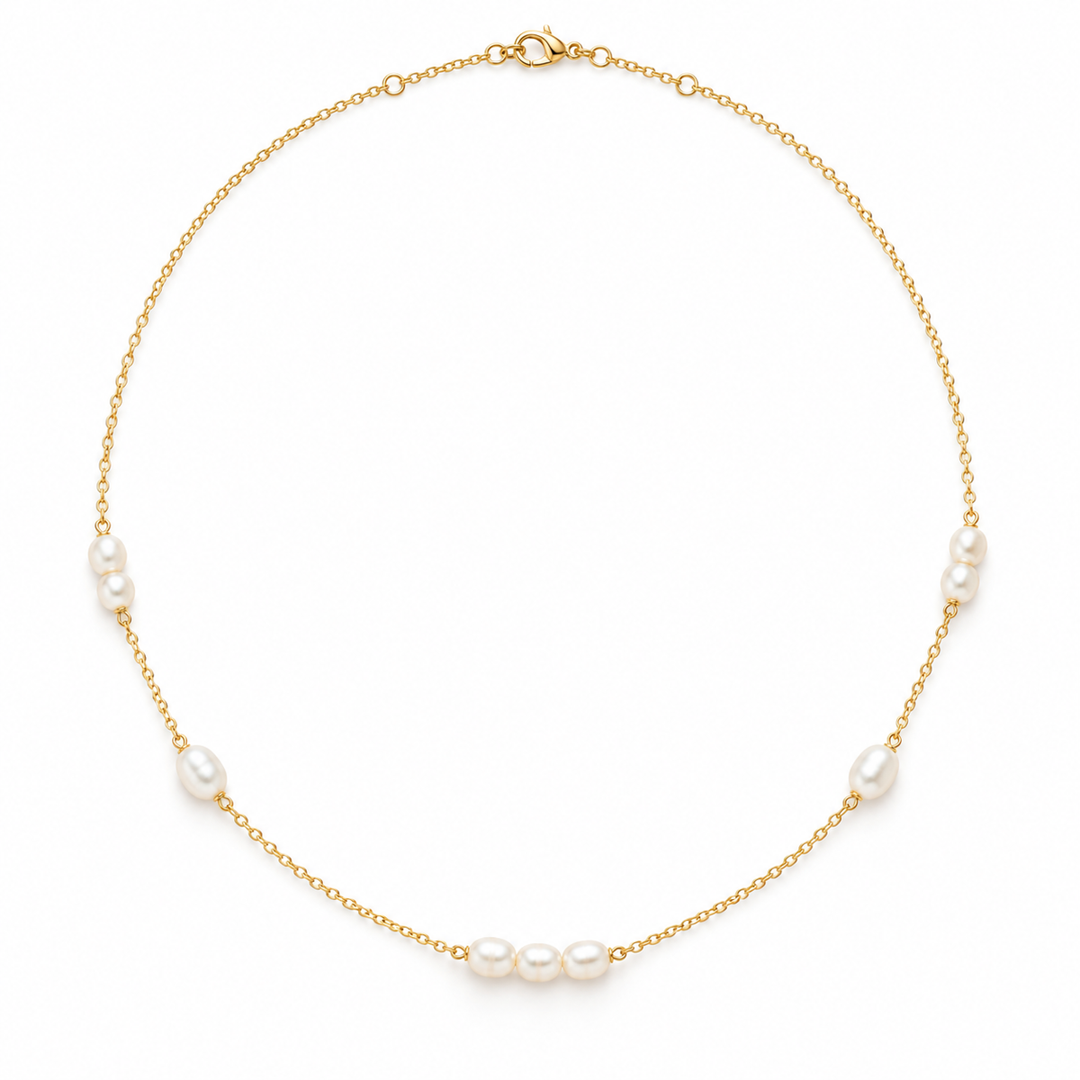 Women's 18K gold plated stainless steel freshwater pearl station choker necklace on white background
