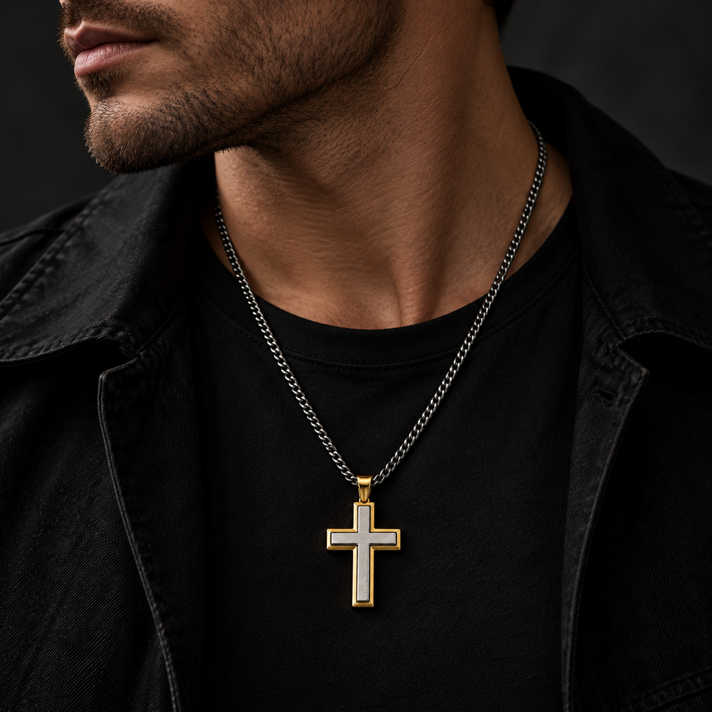 Model wearing men's gold and silver beveled cross pendant necklace with black jacket
