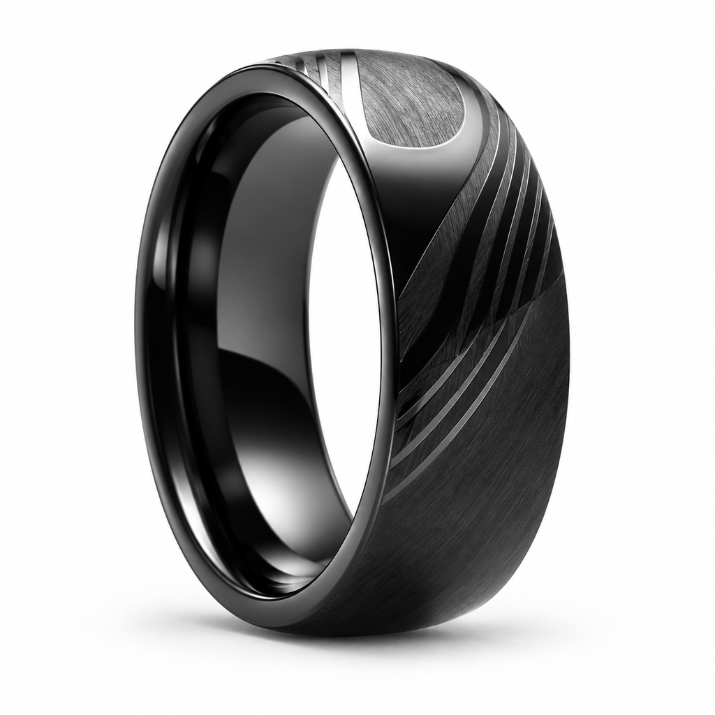 Angled studio shot of black stainless steel dome ring showing polished groove details
