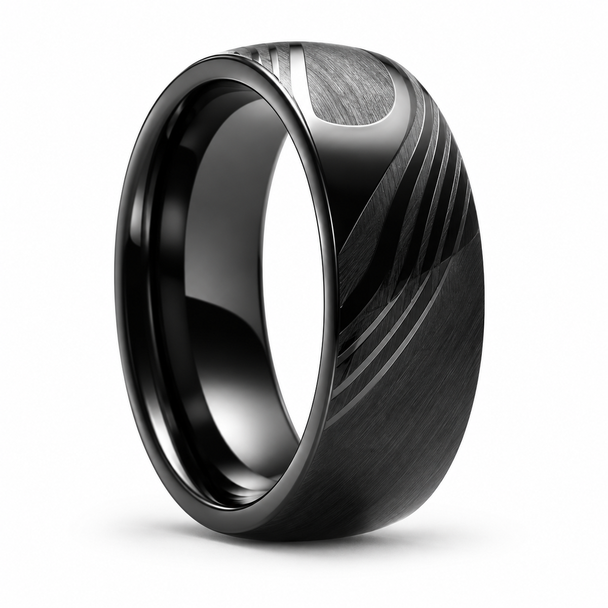 Angled studio shot of black stainless steel dome ring showing polished groove details
