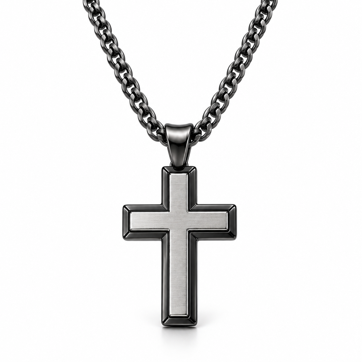 Men's Double-Layer Beveled Cross Pendant Necklace – Stainless Steel Jewelry