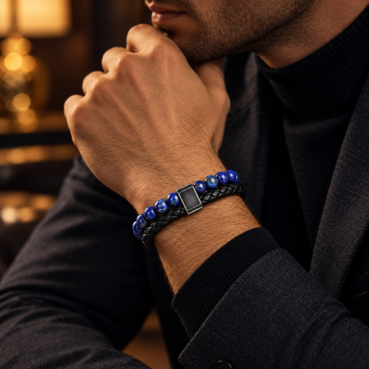 Male model in black turtleneck touching chin wearing Men's blue gemstone leather cuff bracelet
