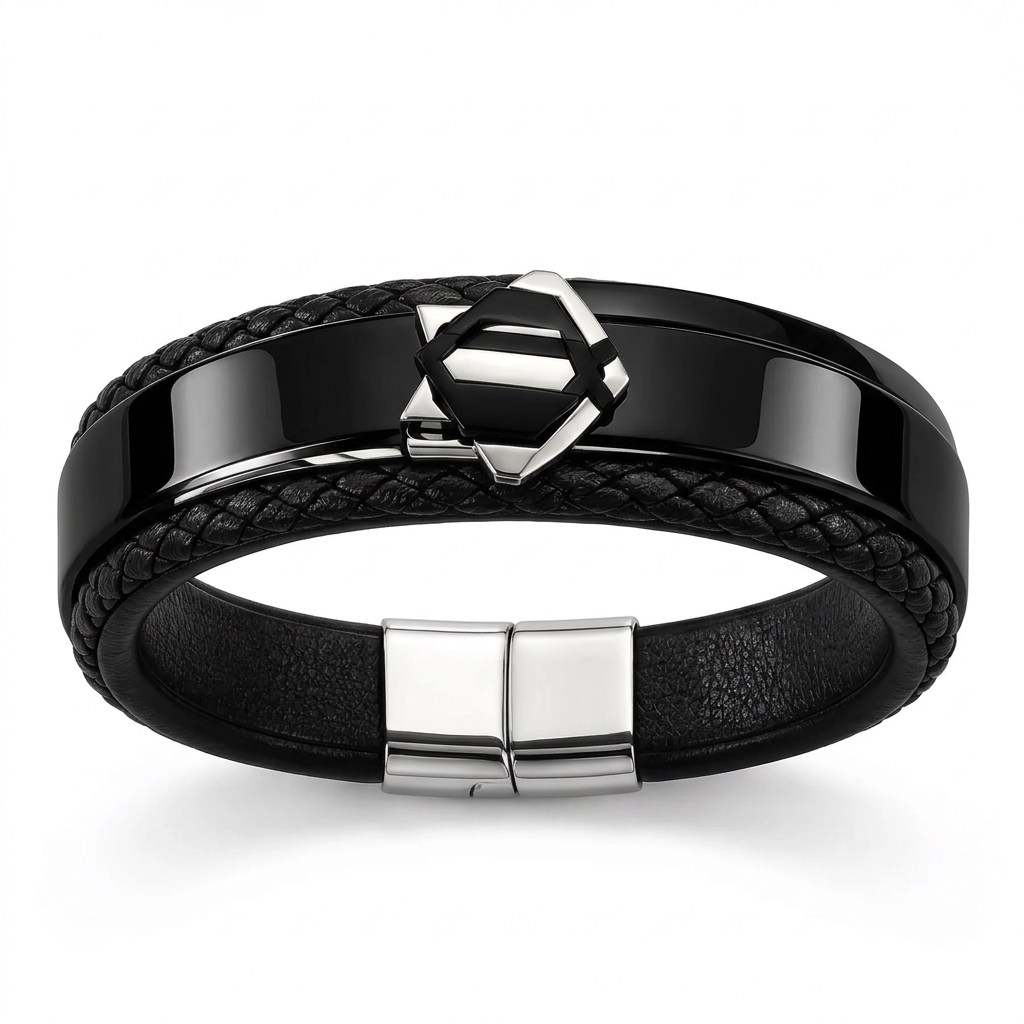 Angled view of Men's black leather shield bracelet showing magnetic clasp on white background
