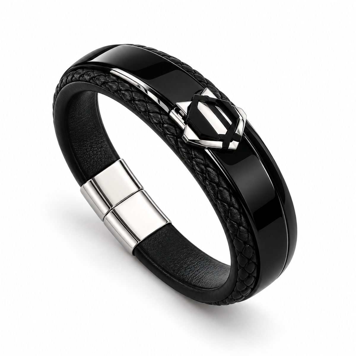 Angled view of Men's black leather shield bracelet showing magnetic clasp on white background
