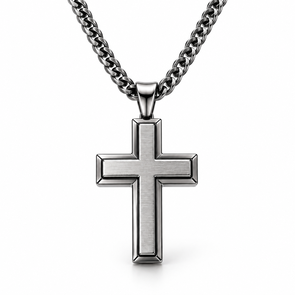 Men's Double-Layer Beveled Cross Pendant Necklace – Stainless Steel Jewelry