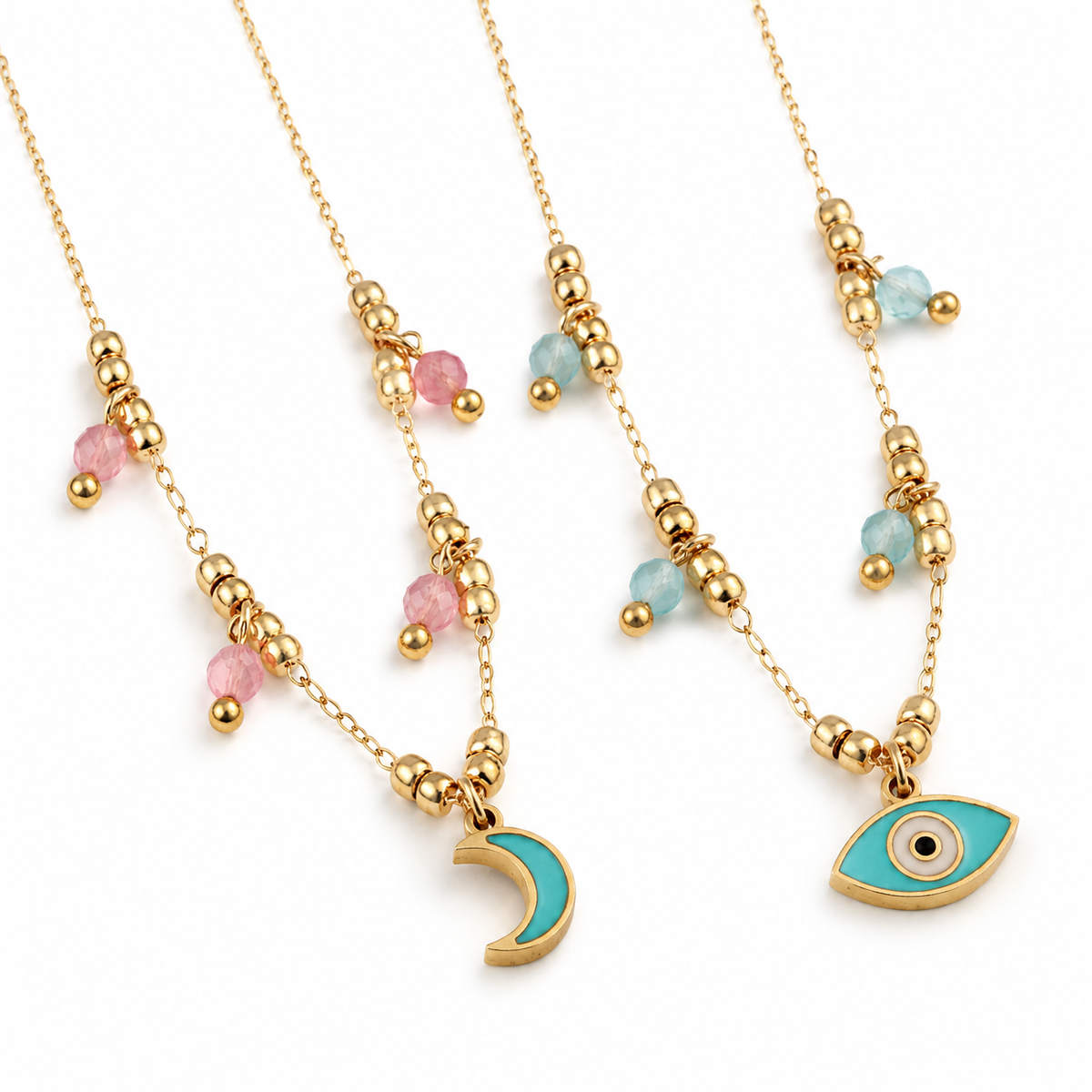 Women's Beaded Enamel Evil Eye & Crescent Moon Necklace