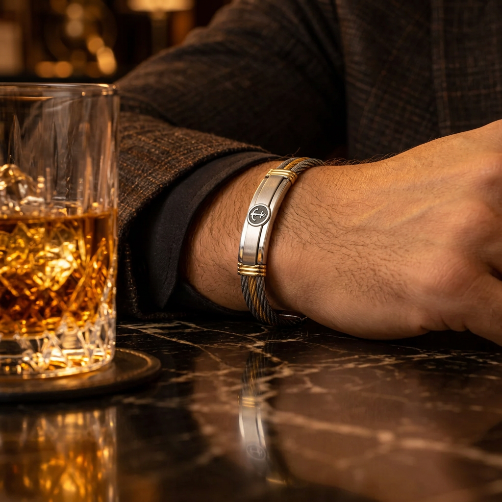 Close-up wrist view of men's two-tone cable anchor bangle on marble bar table

