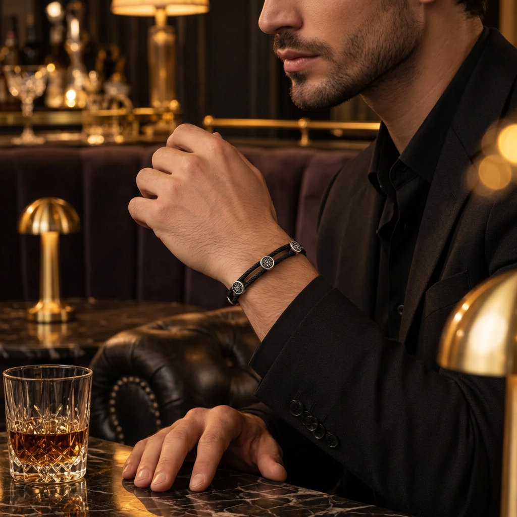 Close-up wrist view of men's black twisted cable station bracelet on marble bar table
