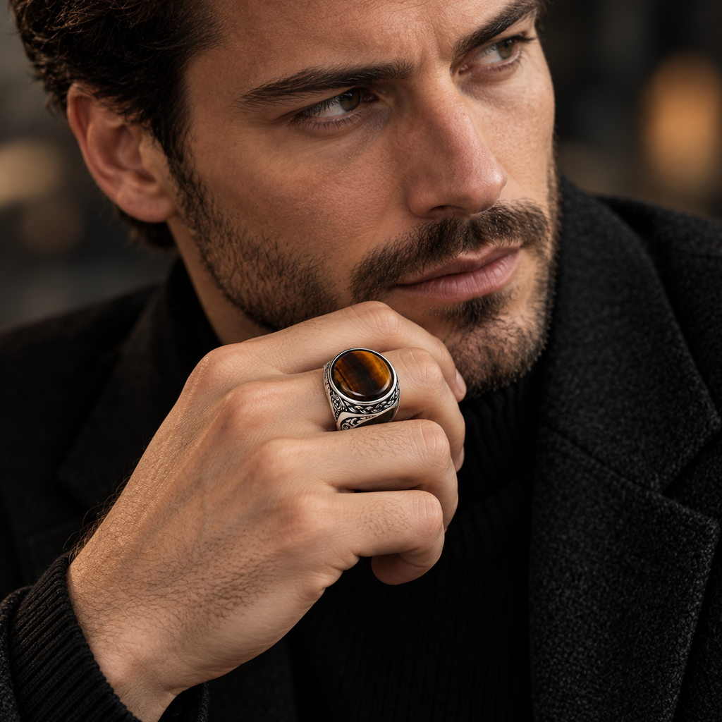 Male model in black overcoat touching chin wearing Men's natural tiger eye signet ring
