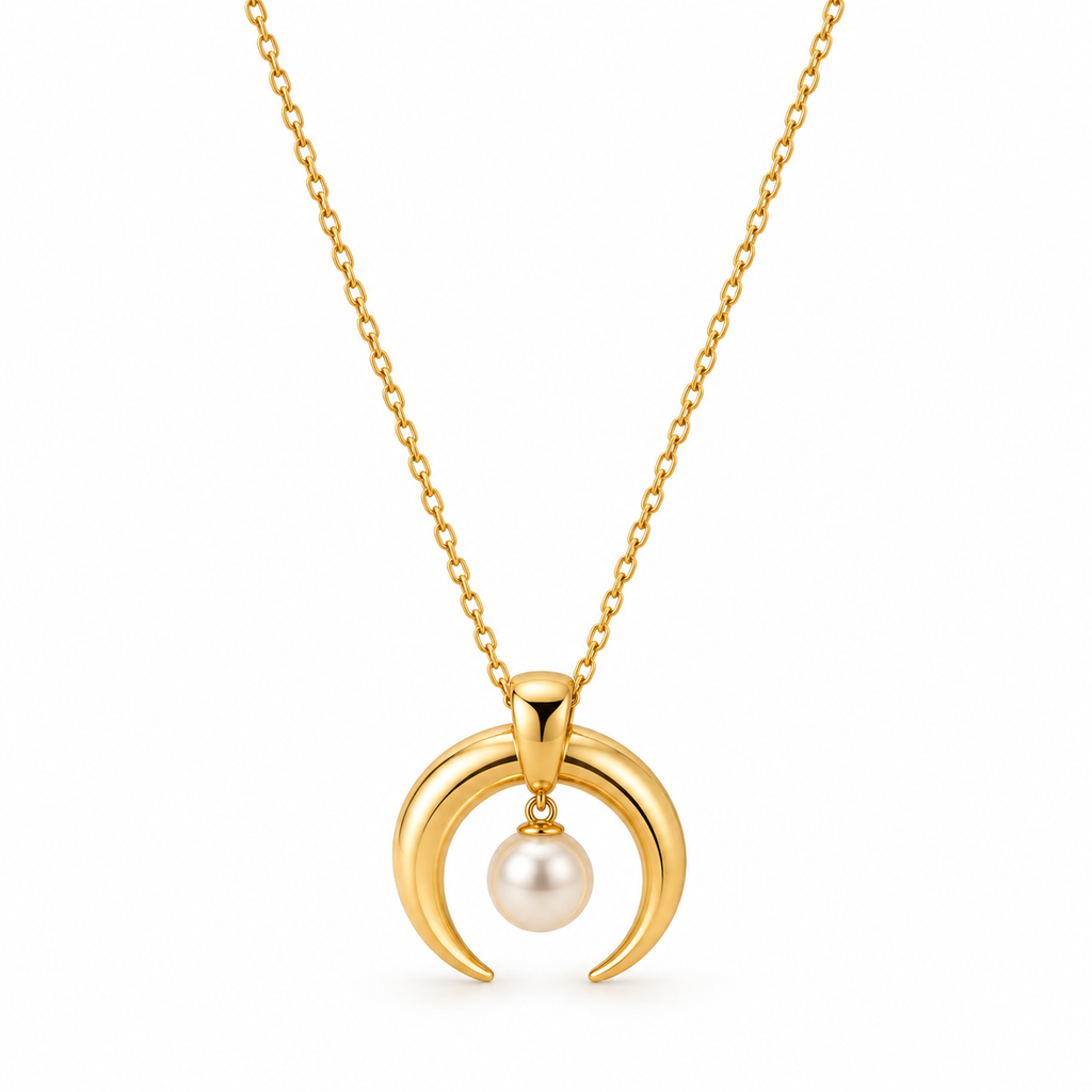 Women's 18K gold plated stainless steel crescent moon double horn pendant necklace with dangling pearl front view
