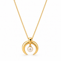 Women's 18K gold plated stainless steel crescent moon double horn pendant necklace with dangling pearl front view
