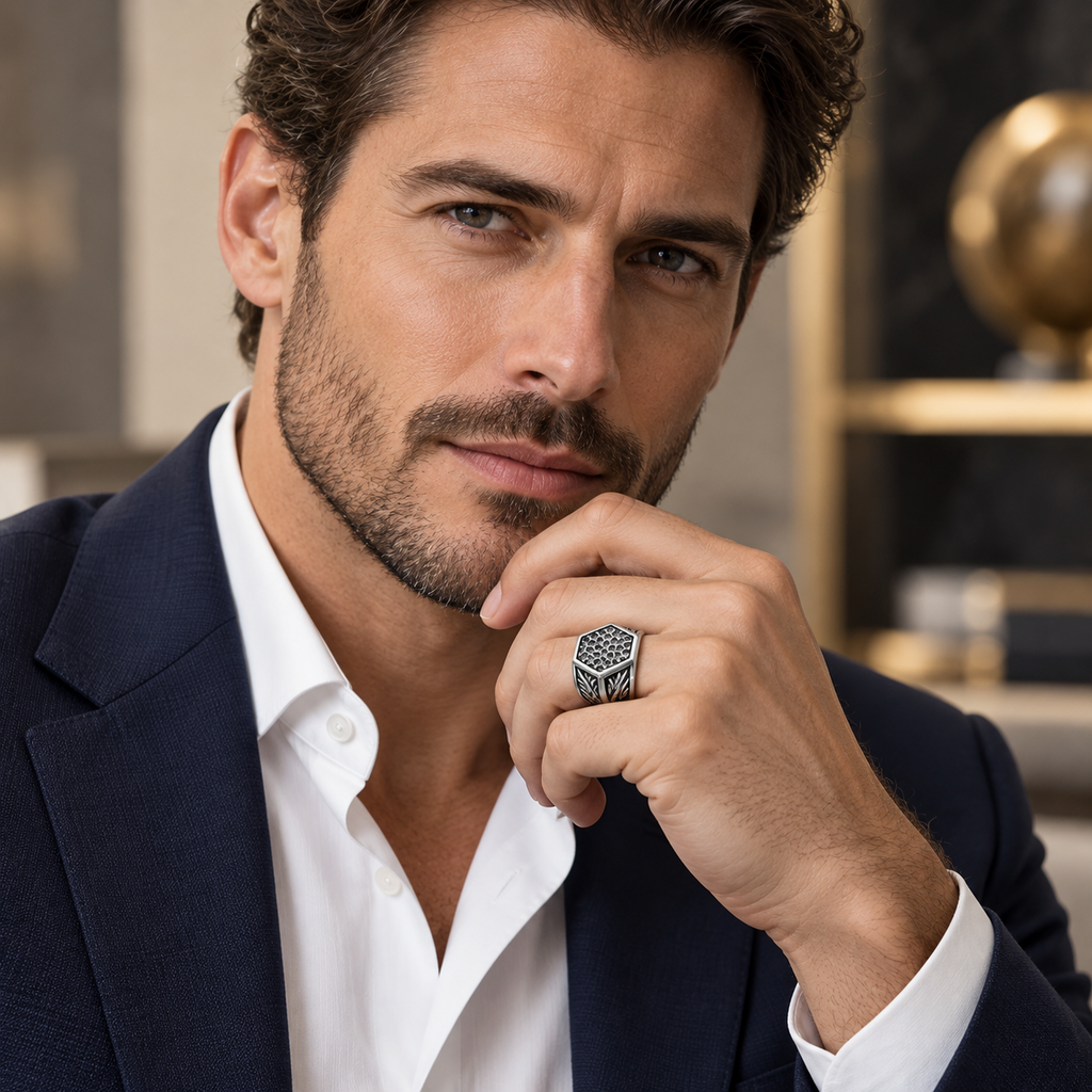 Gentleman in navy suit and white shirt wearing stainless steel hexagonal honeycomb ring
