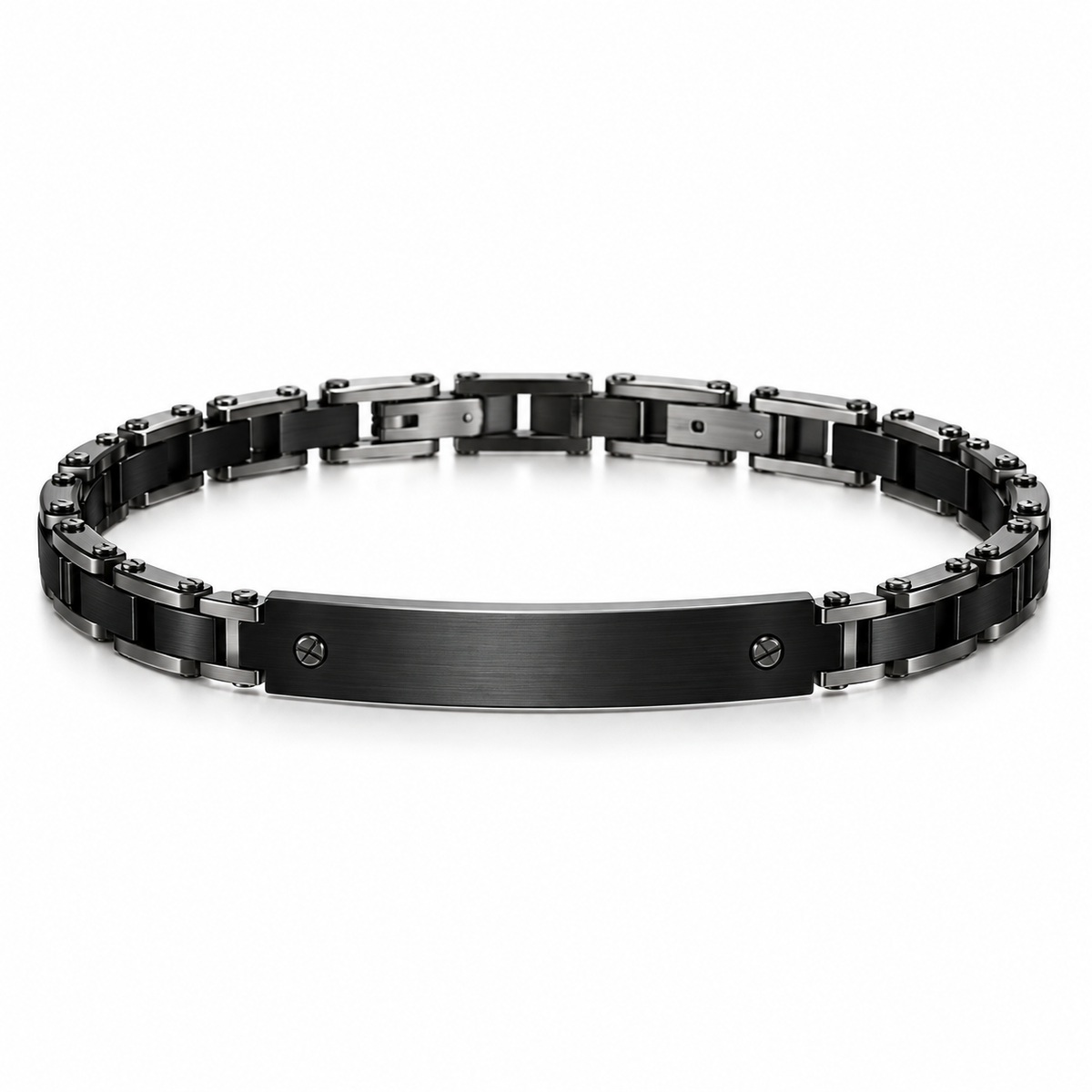 Men's all-black motorcycle link ID bracelet in stainless steel with screw rivets
