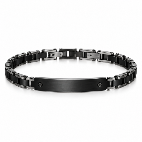 Men's all-black motorcycle link ID bracelet in stainless steel with screw rivets
