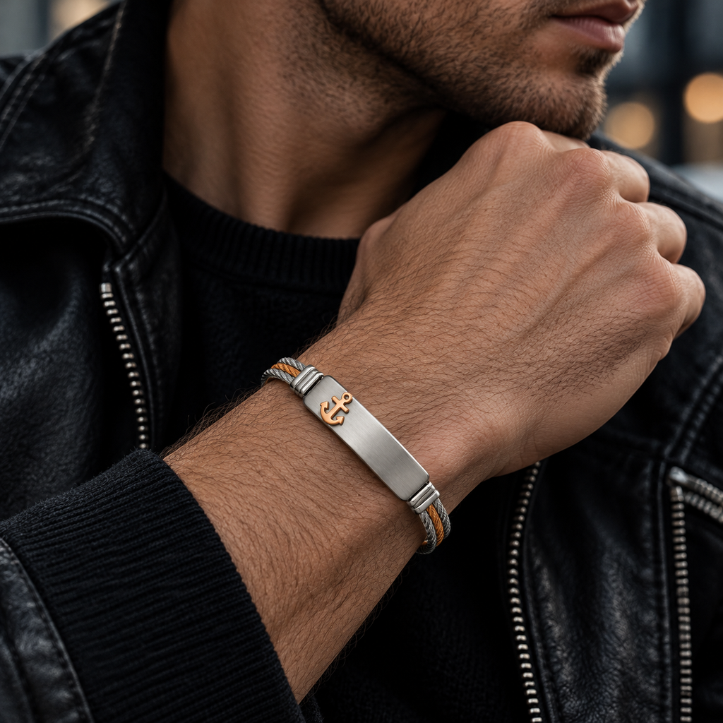 Model wearing men's two-tone cable gold anchor bracelet with black leather jacket

