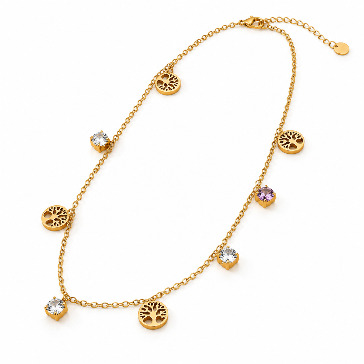 Women's 18K gold plated stainless steel tree of life and bezel-set CZ crystal station charm necklace
