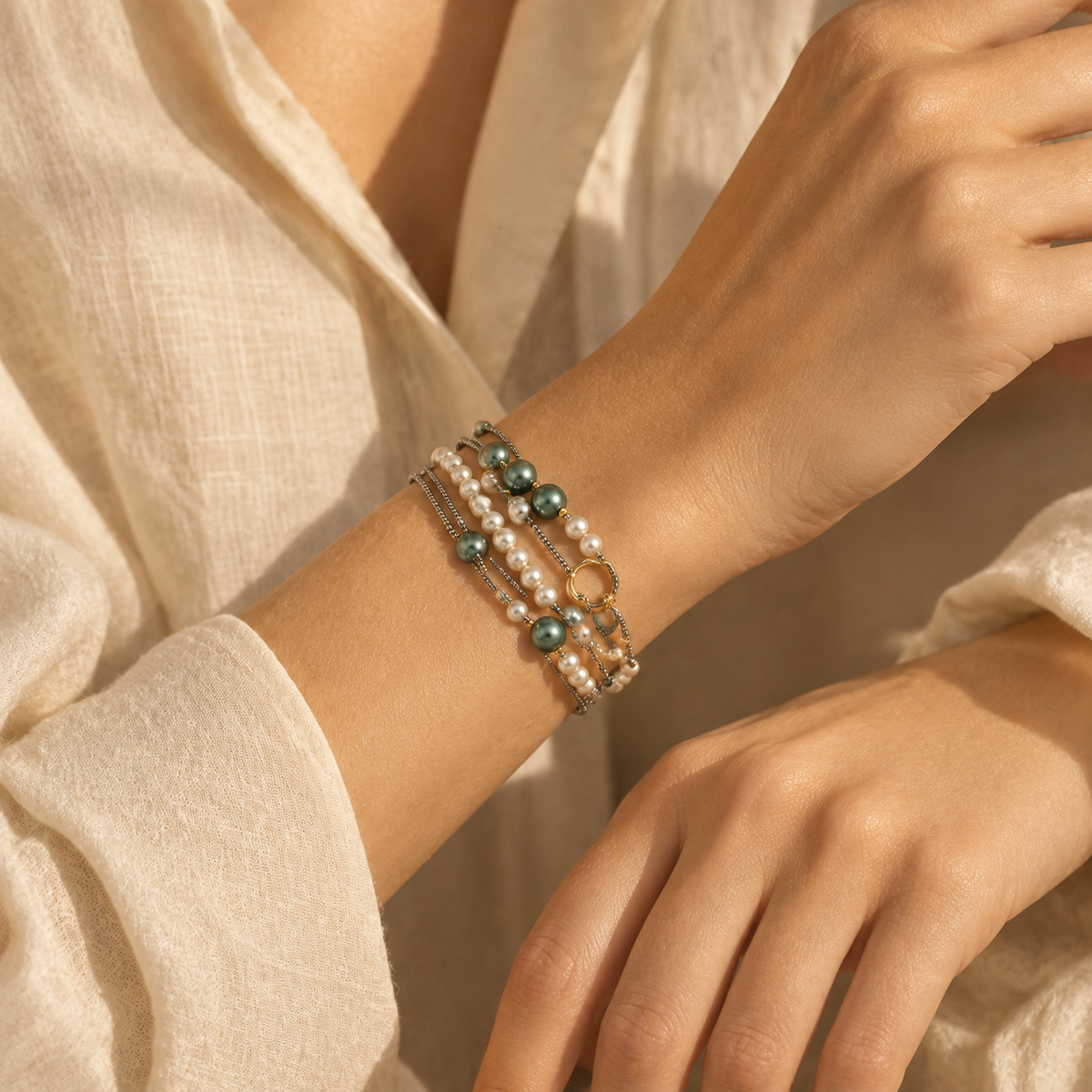 Close-up of a woman's wrist wearing the layered pearl and dark green beaded multi-strand bracelet in warm natural sunlight.
